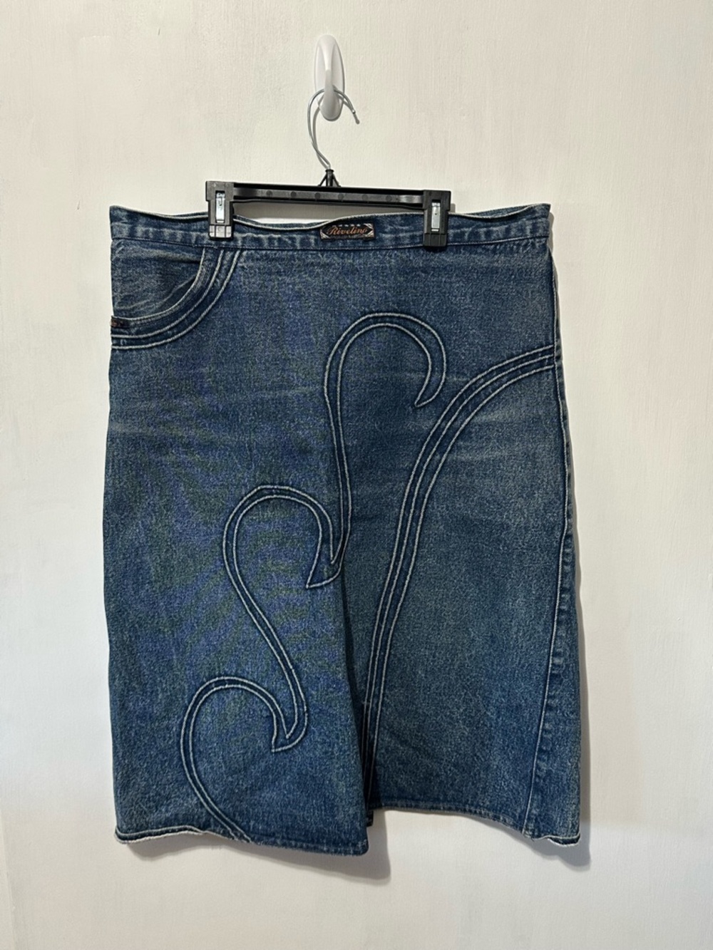 Vintage y2k Rivelino Denim Midi Skirt with Curved Stitch Detailing